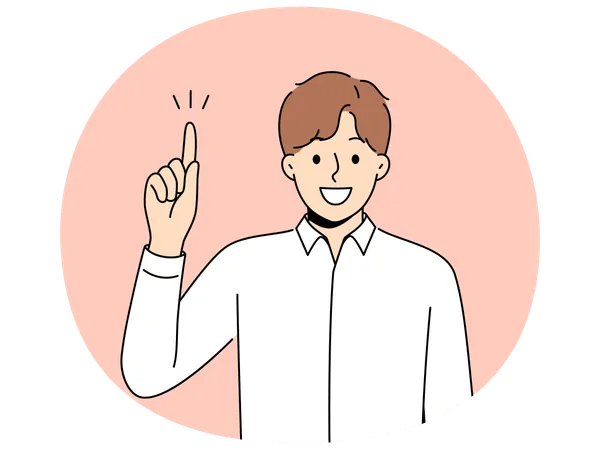 Happy man raises finger and says there idea or advice to solve difficult problem  Illustration