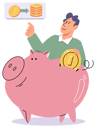 Happy man receive profit or income in piggy bank from savings  Illustration