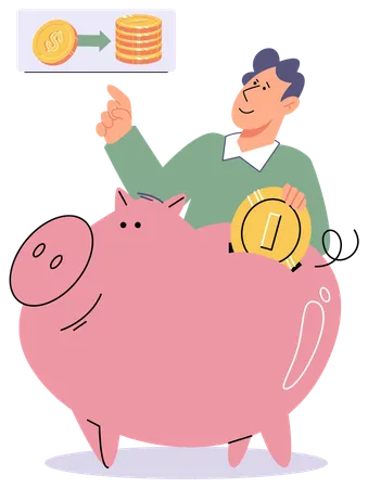 Happy man receive profit or income in piggy bank from savings  Illustration