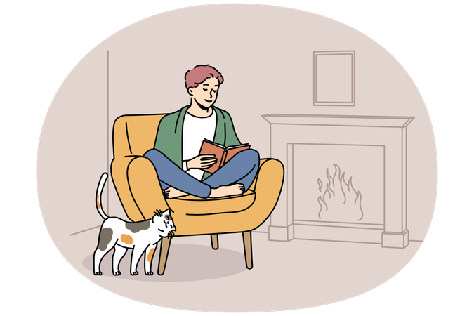 Happy man relax in chair near fireplace with book  Illustration