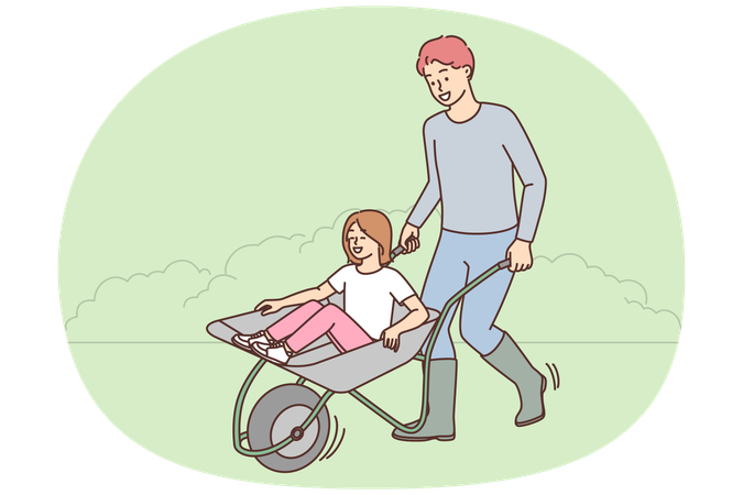 Happy man riding excited little daughter in carriage enjoy gardening outside  Illustration