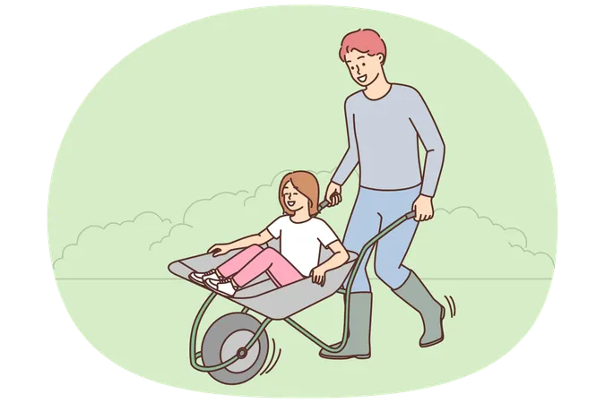 Happy man riding excited little daughter in carriage enjoy gardening outside  Illustration