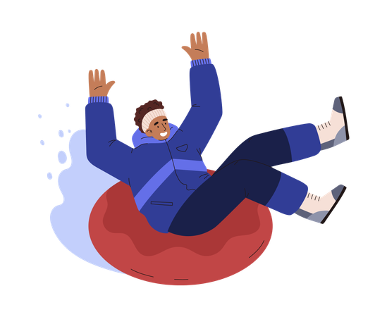Happy man riding on tubing on snowy downhill  Illustration