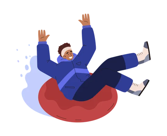 Happy Man Riding On Tubing On Snowy Downhill Flat Vector Illustration Isolated Inflatable Snow Tube Ride Winter Holiday And Vacation イラスト