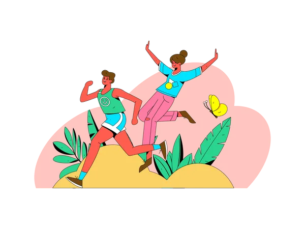 Happy man running and woman smiling and jumping In air  Illustration