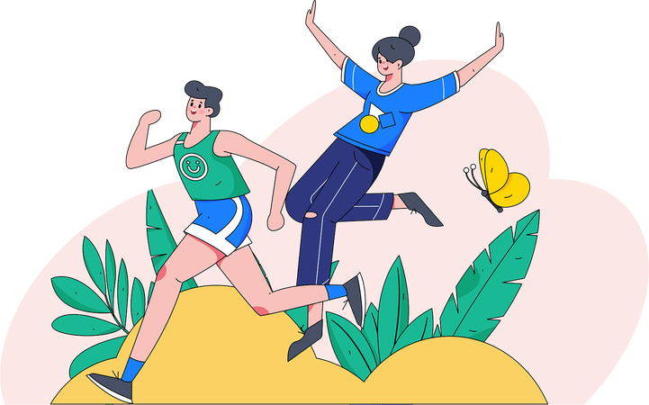 Happy man running and woman smiling and jumping In air  Illustration