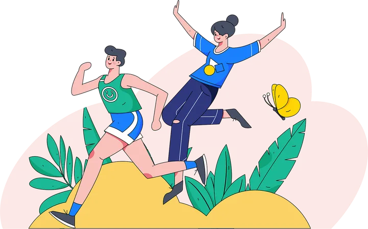 Happy man running and woman smiling and jumping In air  Illustration