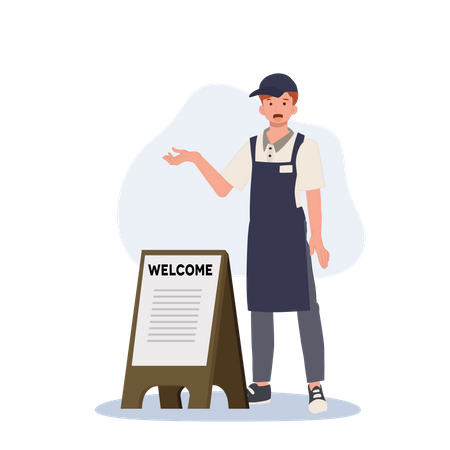 Serveur homme heureux avec panneau de bienvenue en bois  Illustration