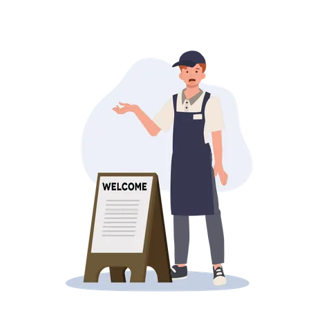 Serveur homme heureux avec panneau de bienvenue en bois  Illustration