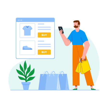 オンラインで買い物をする幸せな男性  イラスト