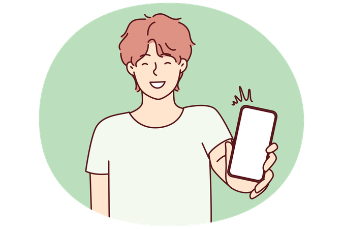 스마트폰 화면을 보여주고 멋진 앱을 추천하며 미소 짓는 행복한 남자  일러스트레이션