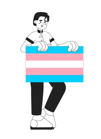 Guy Shows Transgender Pride Flag Monochromatic Flat Vector Character Editable Thin Line Full Body Man Support Transgender Lgbt People On White Simple Bw Cartoon Spot Image For Web Graphic Design Illustration