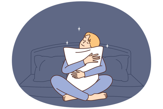 Happy man sit in bed hug pillow  Illustration