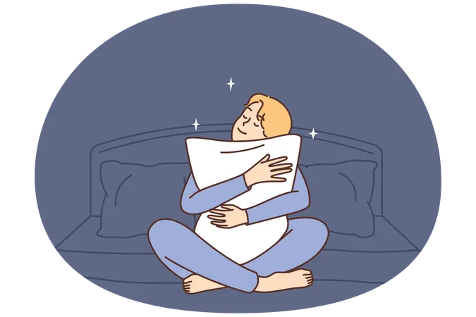 Happy man sit in bed hug pillow  Illustration