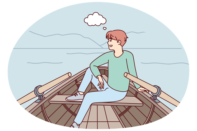 Happy man sit in boat dreaming  Illustration