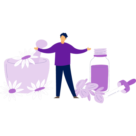 Happy man standing with cosmetic product  Illustration