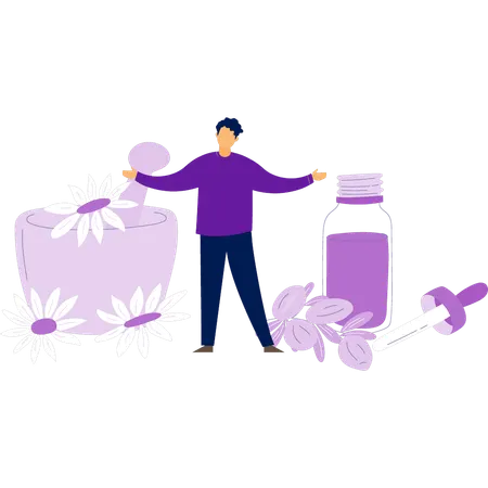 Happy man standing with cosmetic product  Illustration
