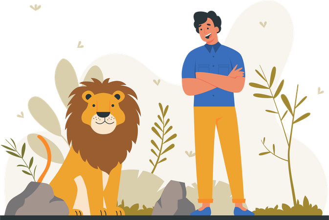 Happy man standing with lion  Illustration