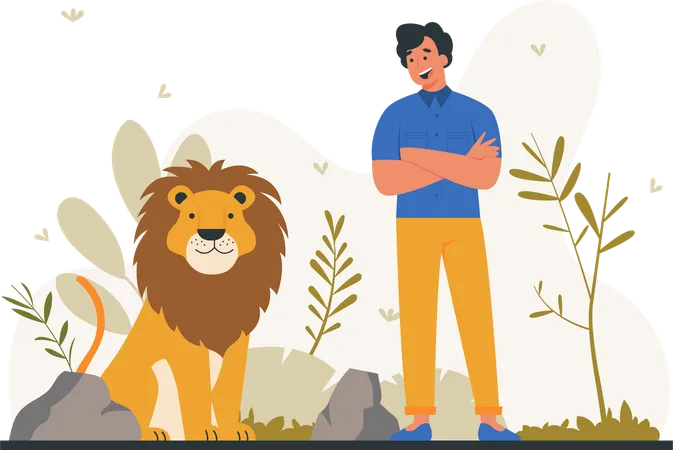 Happy man standing with lion  Illustration