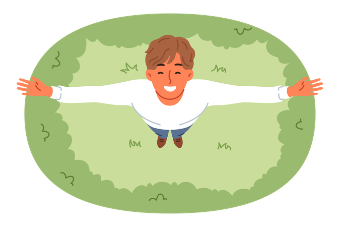 Happy man stands on lawn and looks up enjoying rays of sun and fresh air on summer day  Illustration