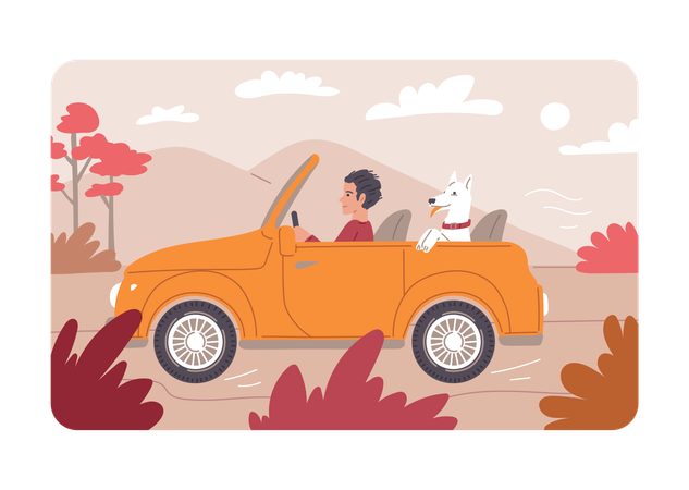 Happy man traveling on cabriolet car with dog,  Illustration