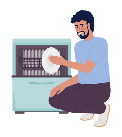 Happy man unloading dishwasher machine  Illustration