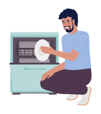 Happy man unloading dishwasher machine  Illustration