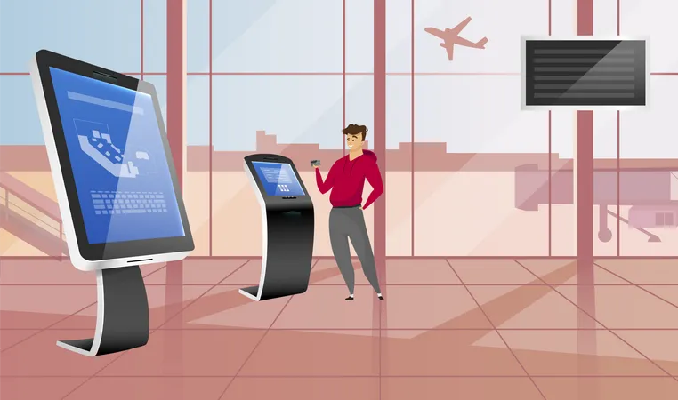 Happy Man Using Bank Terminal Flat Color Vector Illustration Tourist Near Flight Check In Kiosk Interactive Digital Machines In Airport Freestanding Constructions With Sensor Displays Illustration