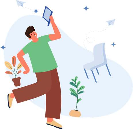 ノートパソコンを使う幸せな男性  イラスト