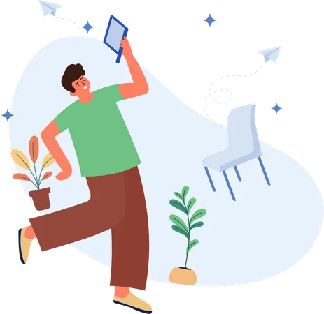 ノートパソコンを使う幸せな男性  イラスト