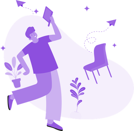ノートパソコンを使う幸せな男性  イラスト