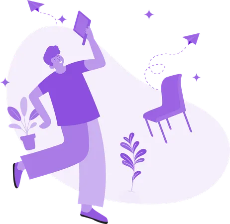 ノートパソコンを使う幸せな男性  イラスト