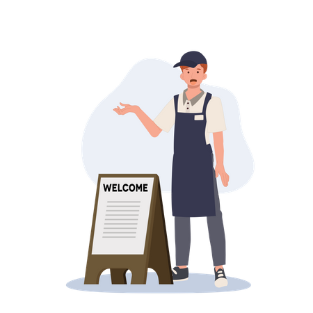 Happy man waiter with welcome wood sign Illustration