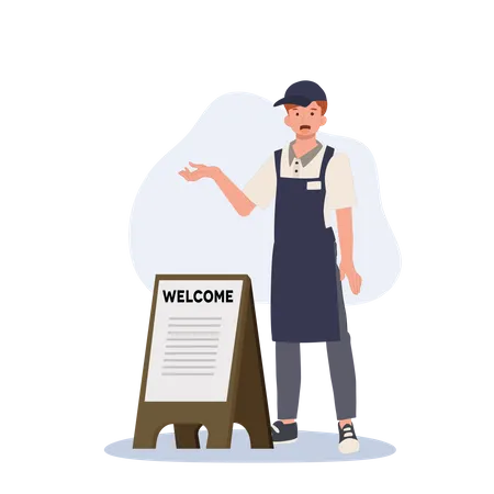 Happy man waiter with welcome wood sign Illustration