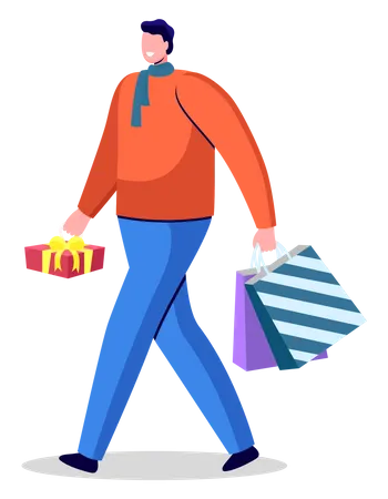 Happy man walking and holding shopping bags and gifts  Illustration