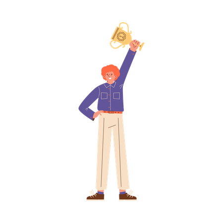 Happy man winner holds golden cup or trophy  Illustration