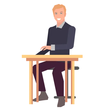 Businessman Sits At Workplace Man Works In Business Plans Development Strategy Business Company Employee At Table Male Worker Smiles And Gestures During Work Isolated On White Background Illustration