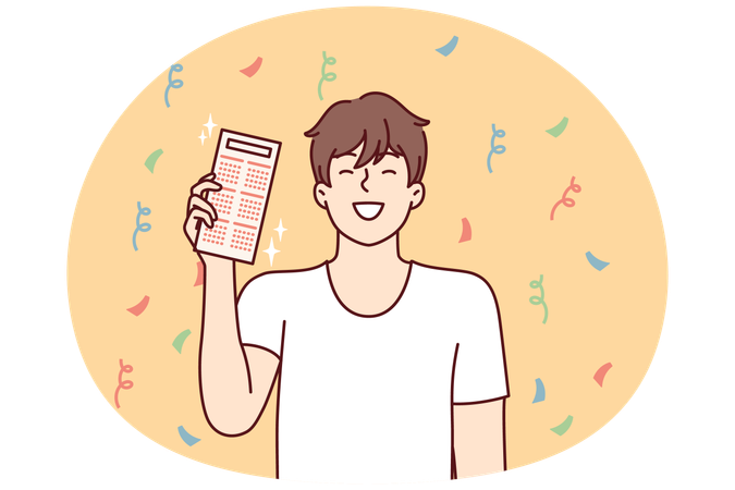 Happy man with calendar or schedule smiling while standing among falling confetti  Illustration