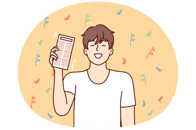 Happy man with calendar or schedule smiling while standing among falling confetti  Illustration