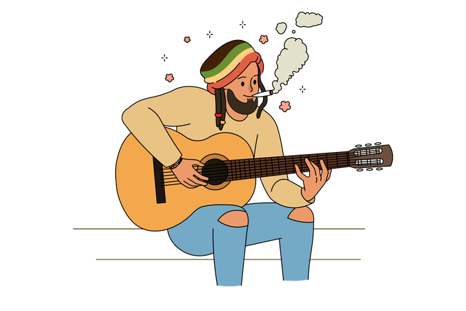 ドレッドヘアの幸せそうな男性がマリファナを吸っている  イラスト