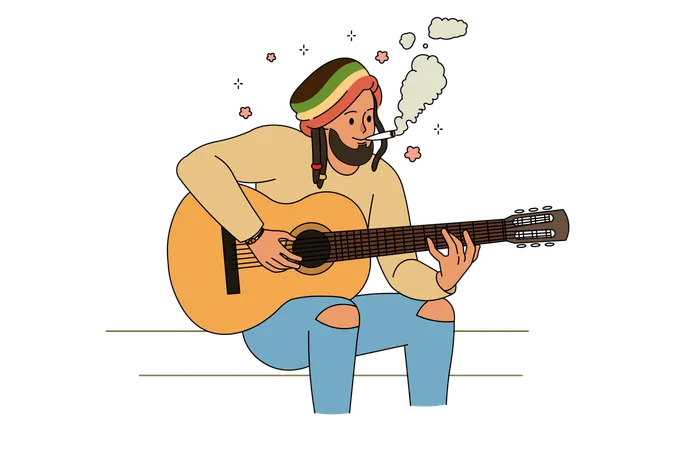 ドレッドヘアの幸せそうな男性がマリファナを吸っている  イラスト