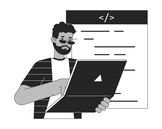 Happy Man With Laptop Bw Concept Vector Spot Illustration Programmer Coding 2 D Cartoon Flat Line Monochromatic Character For Web UI Design Freelance Editable Isolated Outline Hero Image Illustration