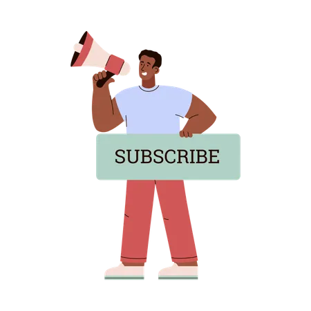 Happy man with loudspeaker advertises subscription  Illustration