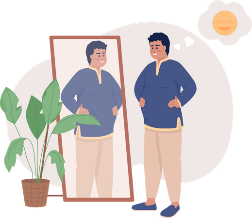 Happy man with overweight near mirror Illustration
