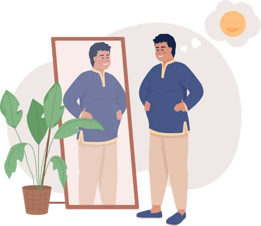 Happy Man With Overweight Near Mirror 2 D Vector Isolated Illustration Positive Plump Flat Character On Cartoon Background Self Acceptance Colourful Editable Scene For Mobile Website Presentation Illustration
