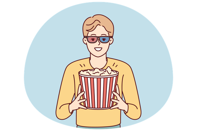 Happy man with popcorn in cinema  Illustration