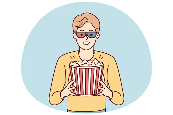 Happy man with popcorn in cinema  Illustration