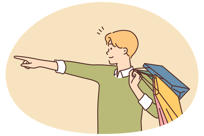 Happy man with shopping bags point with finger  Illustration