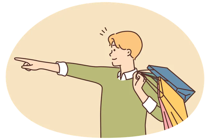 Happy man with shopping bags point with finger  Illustration