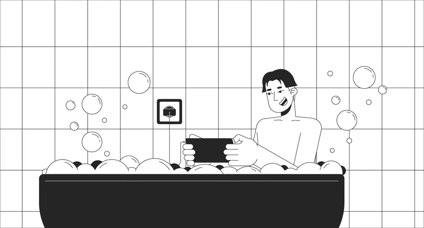 Happy man with smartphone taking bath black and white line illustration  Illustration